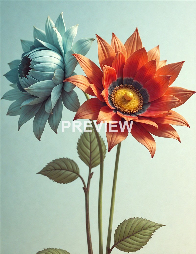 Two large, vividly colored flowers, one blue and one orange, with detailed petals and leaves, are depicted against a light background.